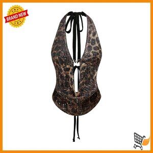 Cheetah Print Sequin Halter Corset Top Y2K Tie Back Crop